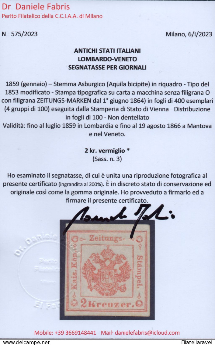* 1859 - Lombardo Veneto 2 Kreuzer Verimiglio (3) Tasse Per Giornali, Cert. D. Fabris (1.800) - Lombardo-Venetien