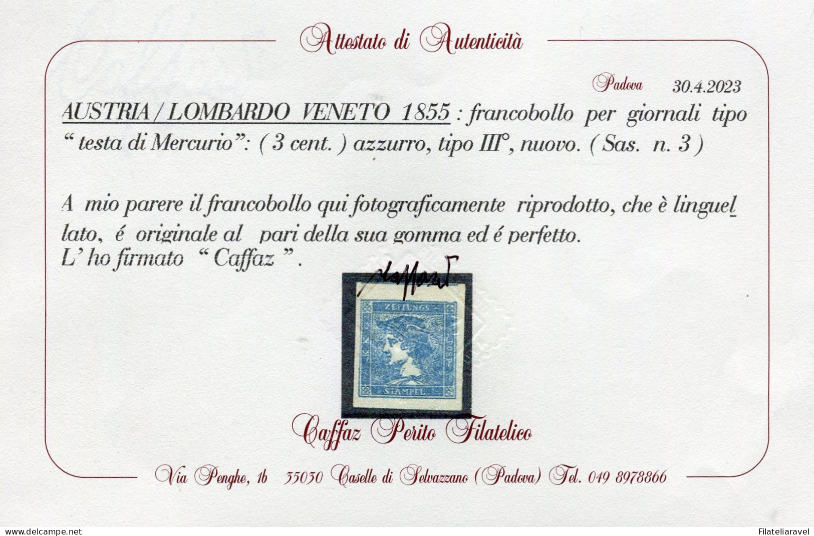 * 1855 - Lombardo Veneto / Austria - Testa Di Mercurio C.3 Azzurro III Tipo Nuovo - Lombardo-Vénétie