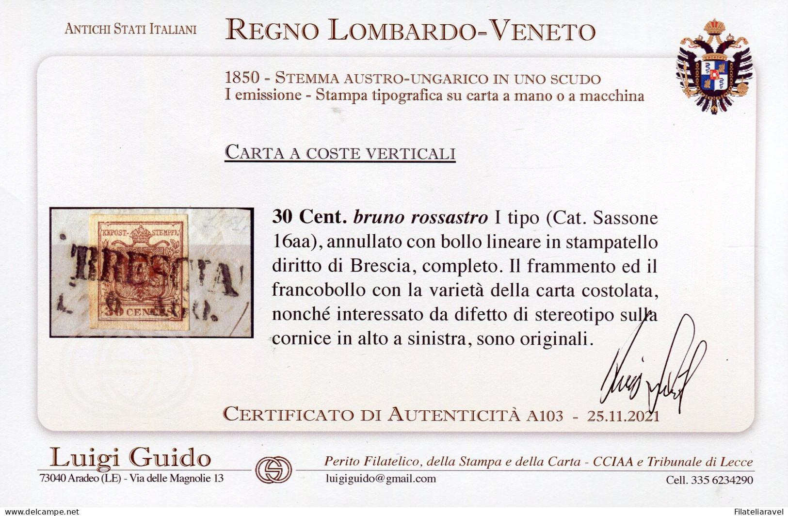 Fr 1850 - Lombardo Veneto - C.30 Bruno Rossastro I Tipo Carta A Coste Verticali - Lombardy-Venetia