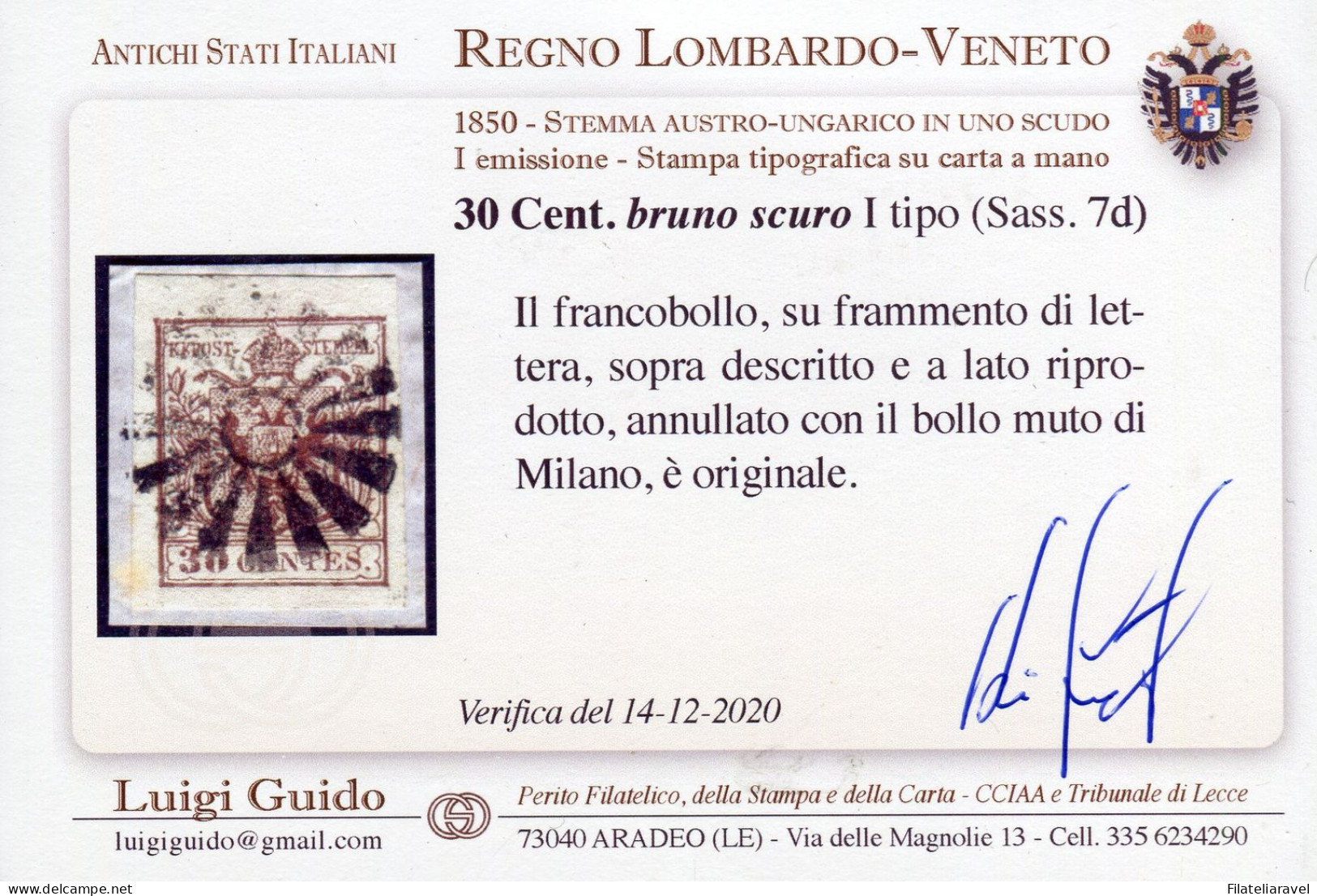 Fr 1850 - Lombardo Veneto - C.30 Bruno Scuro Usato Con Muto Di Milano 11 Punti - Lombardy-Venetia