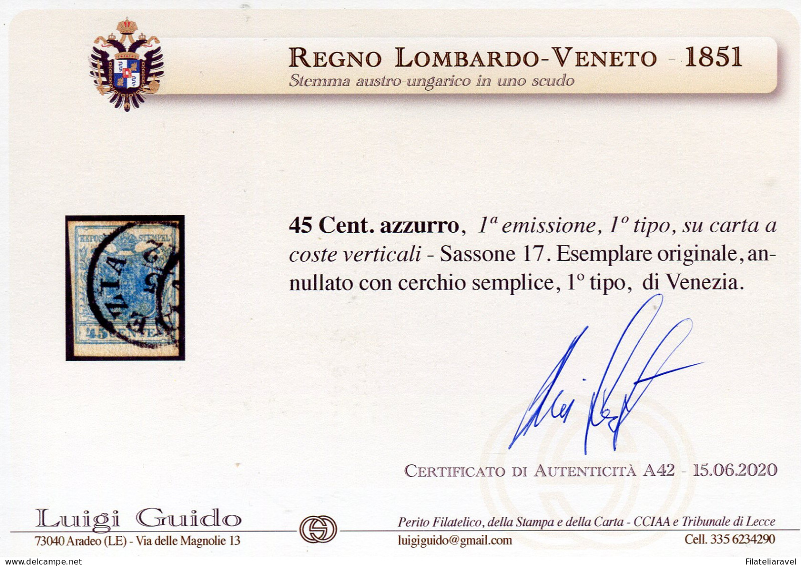 Us 1851 - Lombardo Veneto - C.45 Azzurro I Tipo Carta A Coste Verticali - Lombardo-Venetien