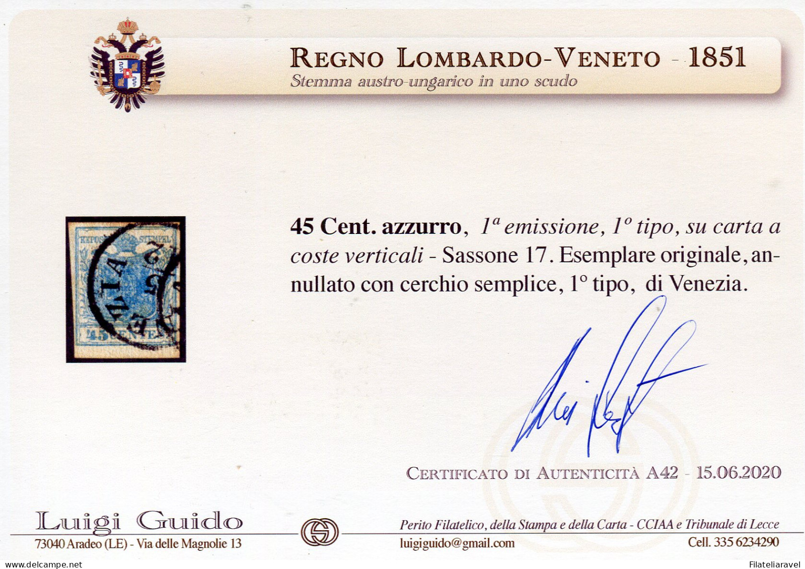 Us 1851 - Lombardo Veneto - C.45 Azzurro I Tipo Carta A Coste Verticali - Lombardije-Venetië