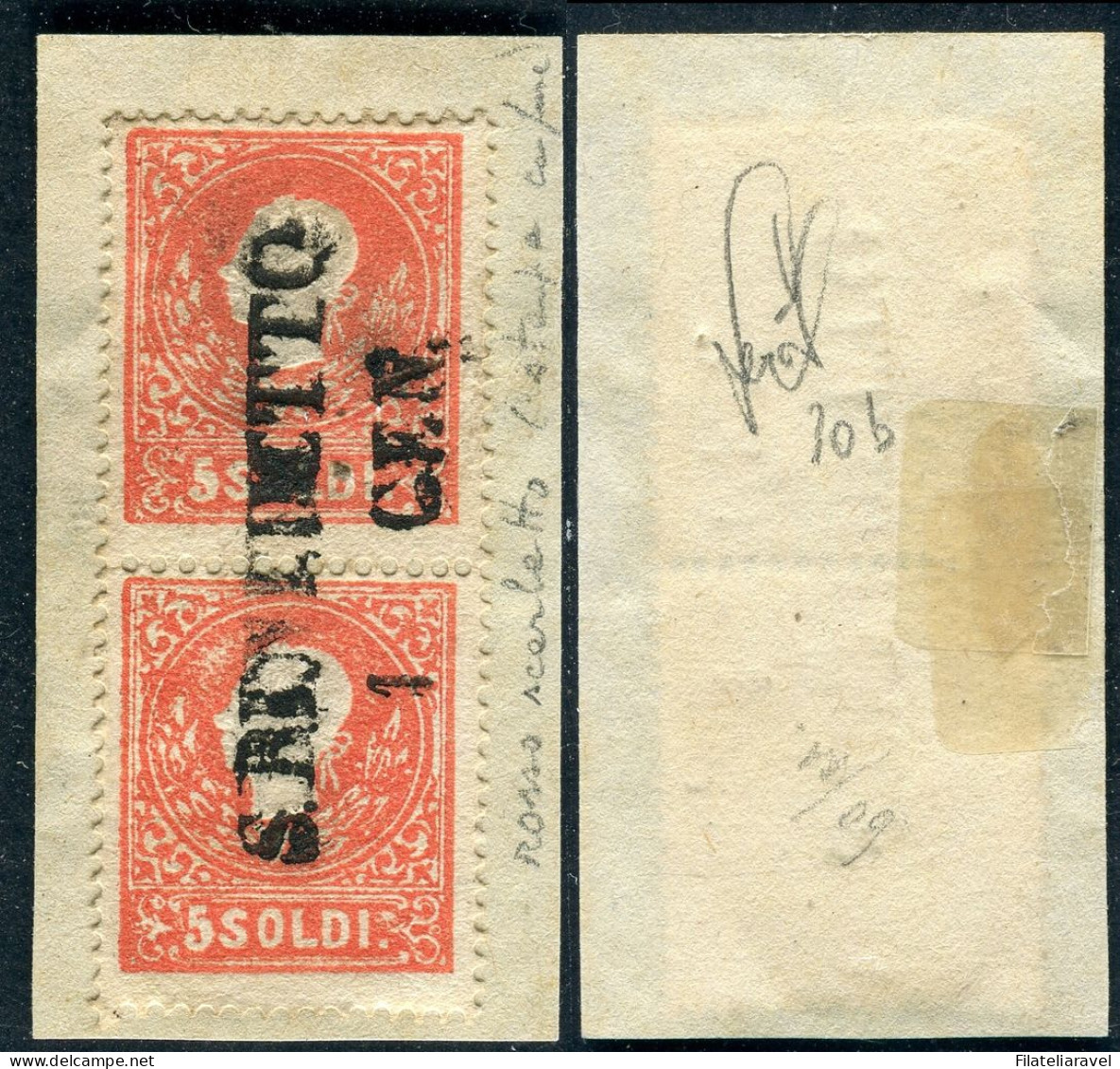 Fr 1859 - Lombardo Veneto - II Emissione - Coppia 5 Soldi Rosso Scarlatto II Tipo Stampa Confusa - Lombardy-Venetia