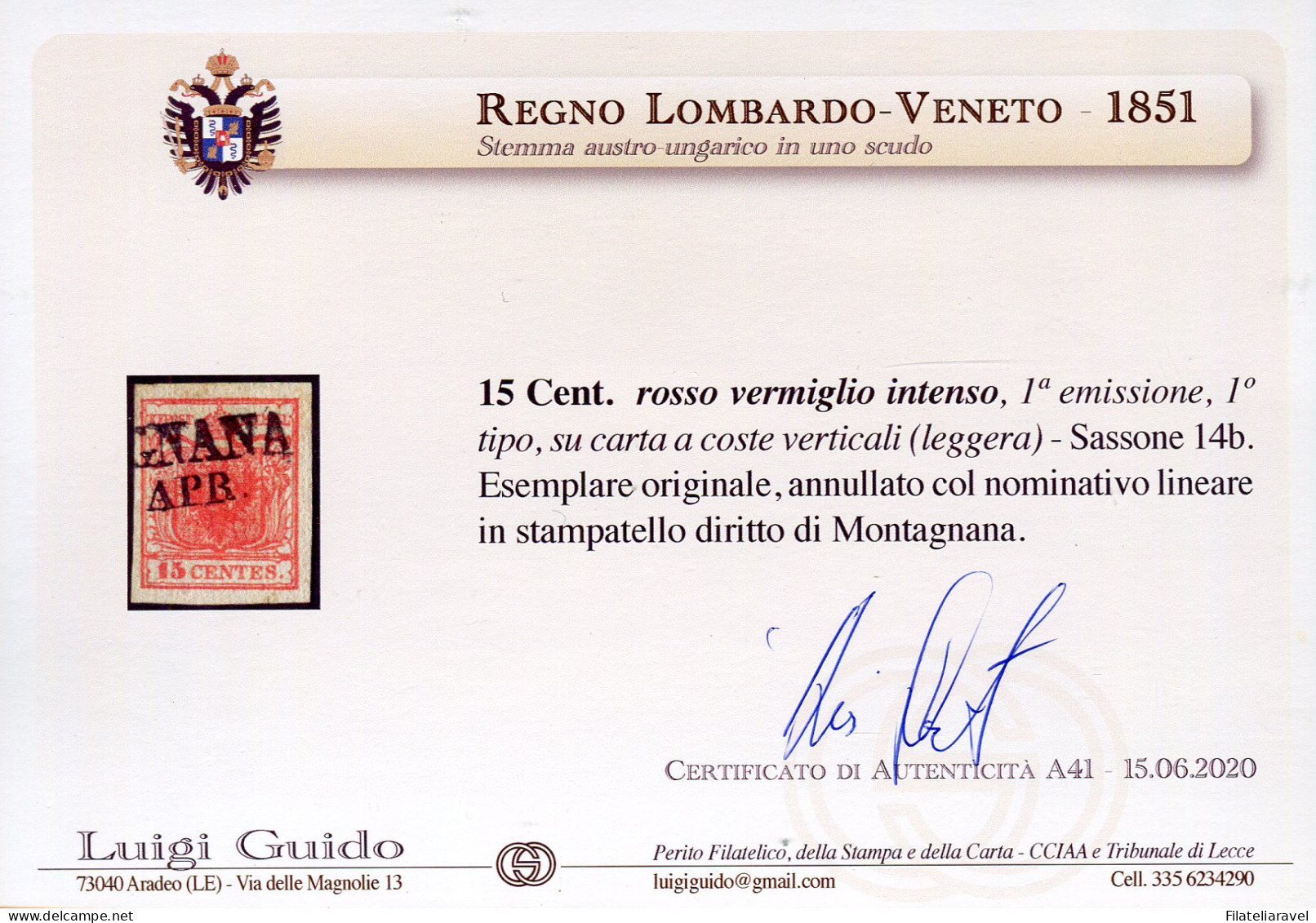 Us 1850 - Lombardo Veneto - C.15 Rosso Vermiglio Intenso I Tipo Carta A Coste Verticali - Lombardo-Vénétie