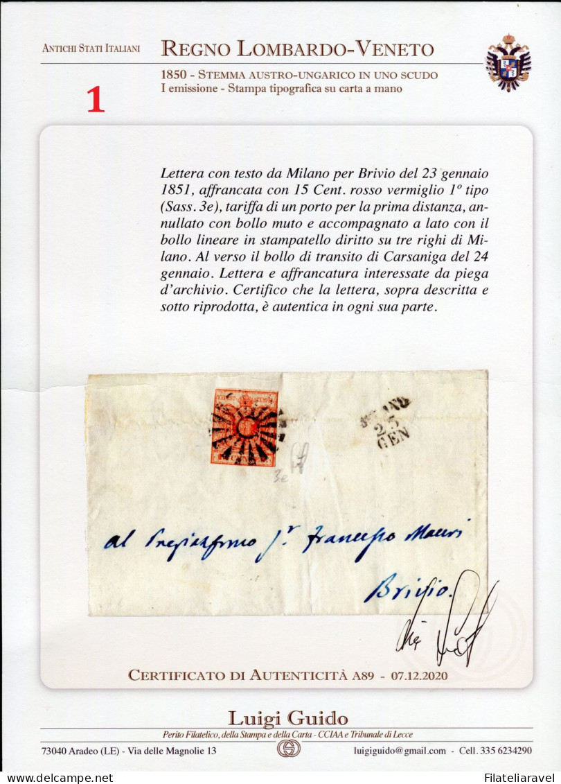 Ltr 1850- Lombardo Veneto - Lettera Da Milano Per Brivio Il 23 Gennaio 1851 Muto Di Milano - Lombardo-Vénétie
