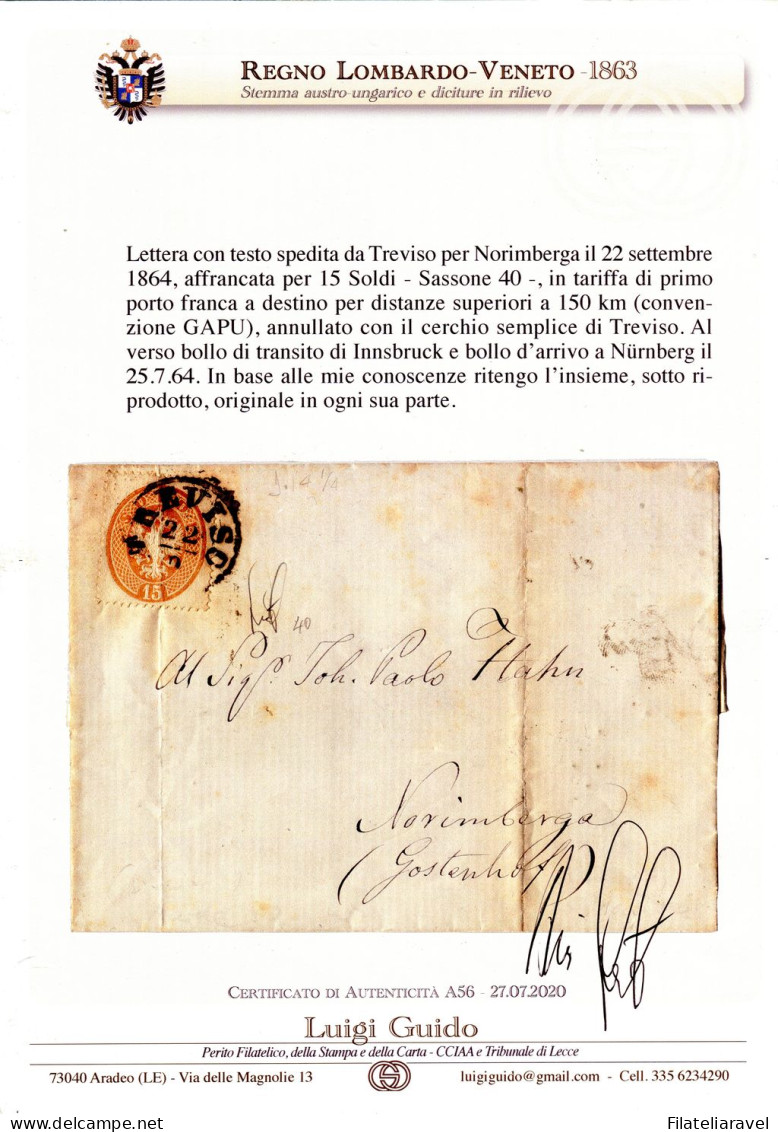 Ltr 1863 - Lombardo Veneto - Lettera Con Testo Da Treviso Per Norimberga Il 22 Settembre 1864 - Lombardo-Venetien