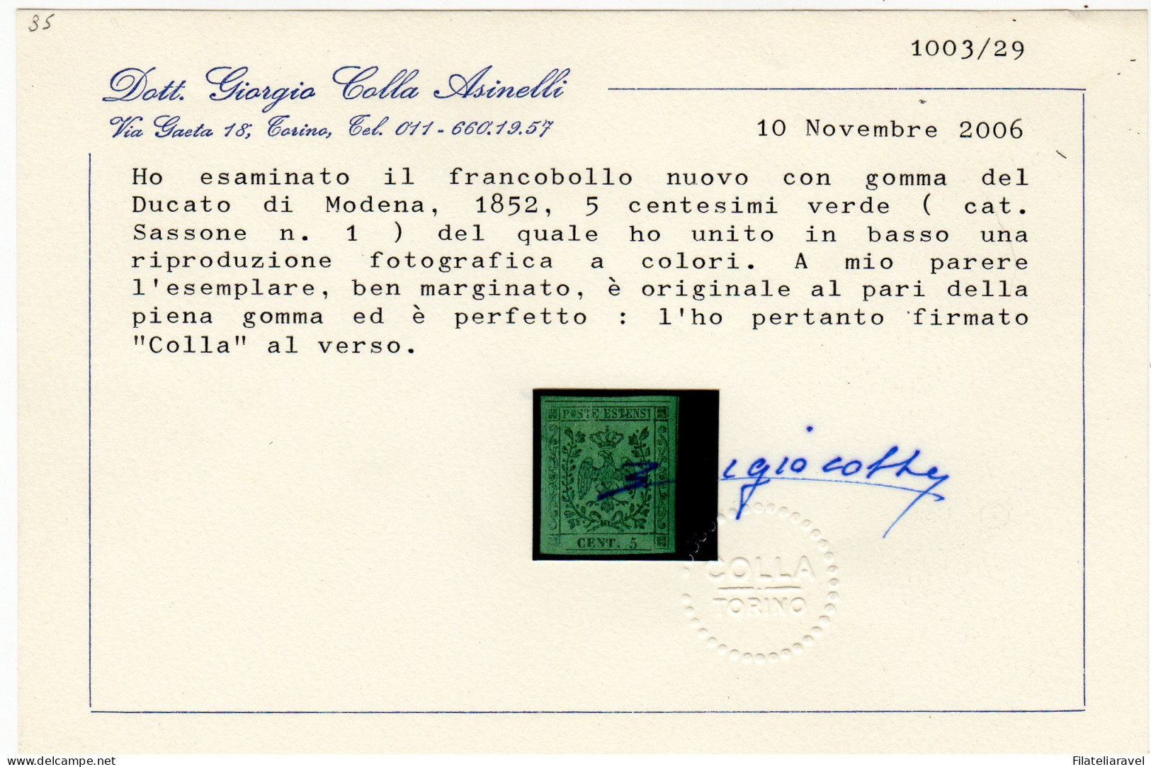 * 1852 Modena Sassone N1 5 Cent Verde Cert Colla (7000) - Modène