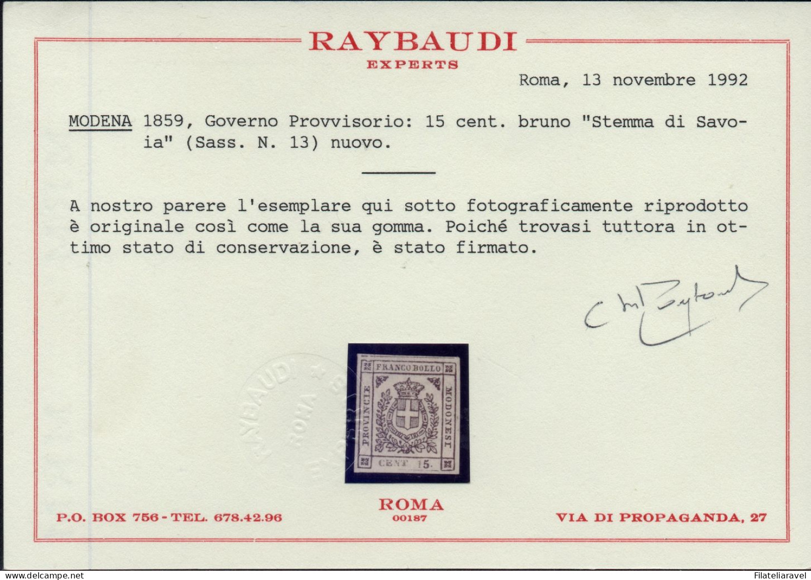 * 1859 Modena Governo Provvisorio - Serie Completa (12/18) -  6 Certificati ,Bolaffi, Diena, Raybaudi - (13.350) - Modène