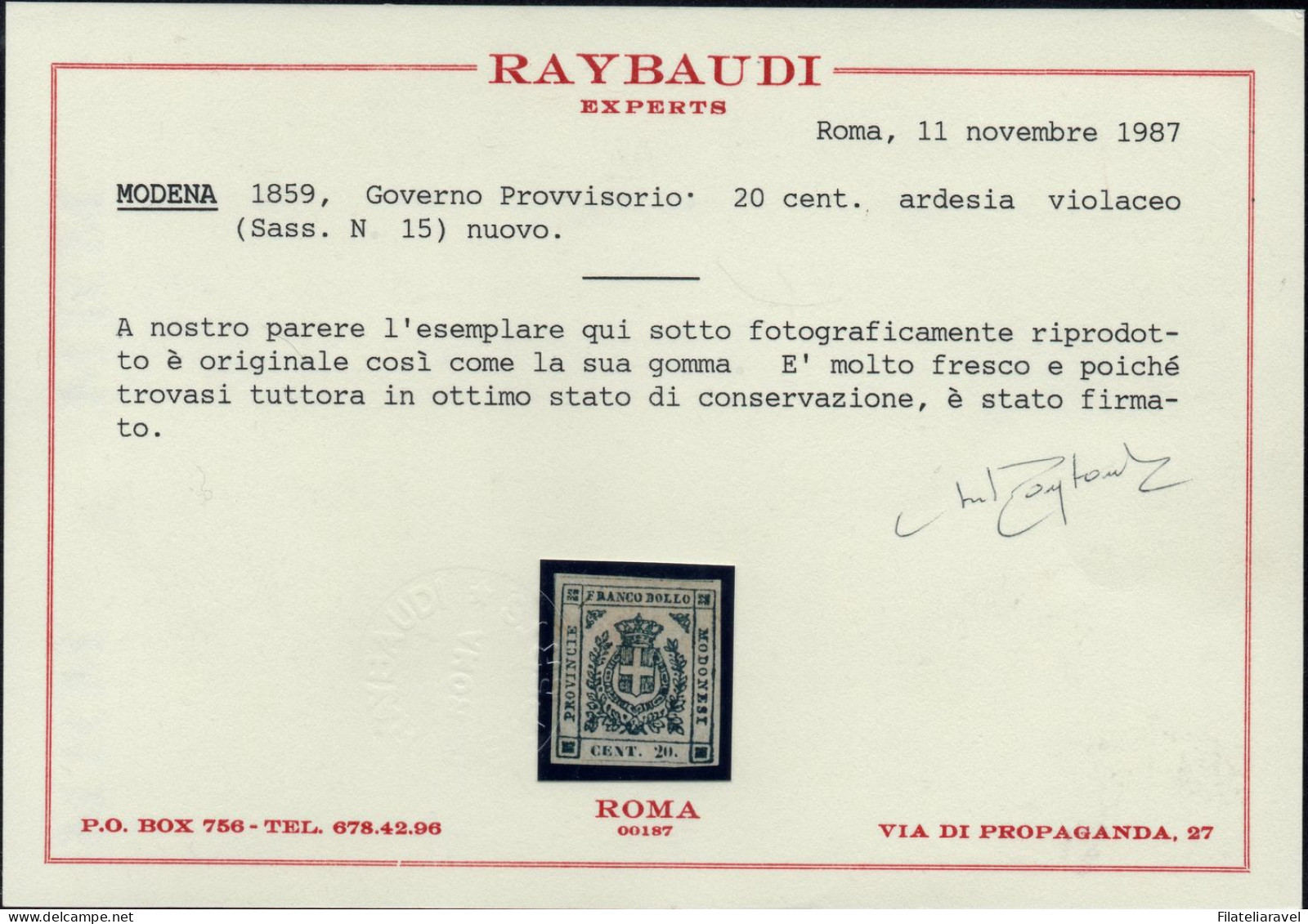 * 1859 Modena Governo Provvisorio - Serie Completa (12/18) -  6 Certificati ,Bolaffi, Diena, Raybaudi - (13.350) - Modena