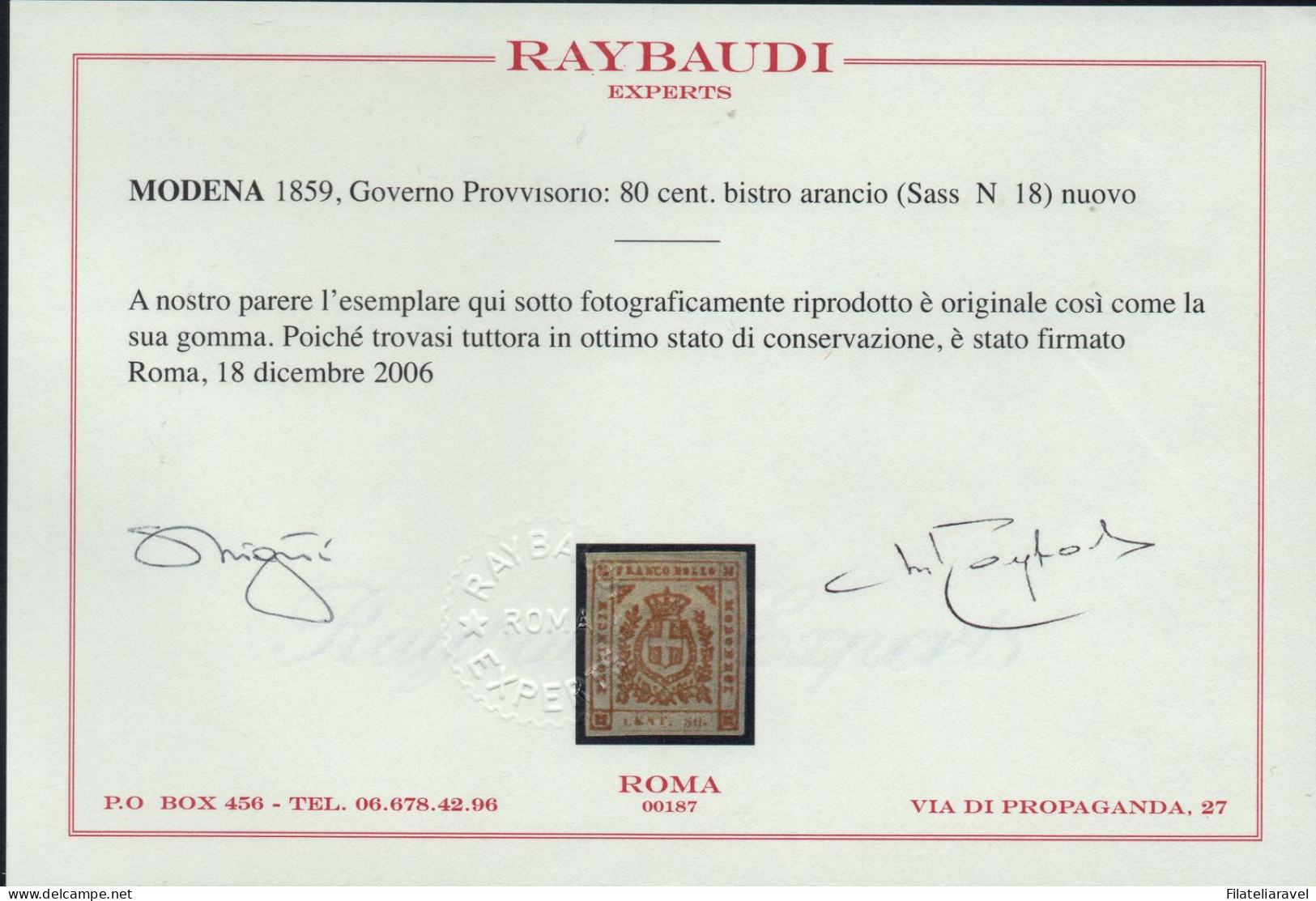 * 1859 Modena Governo Provvisorio - serie completa (12/18) -  6 certificati ,Bolaffi, Diena, Raybaudi - (13.350)