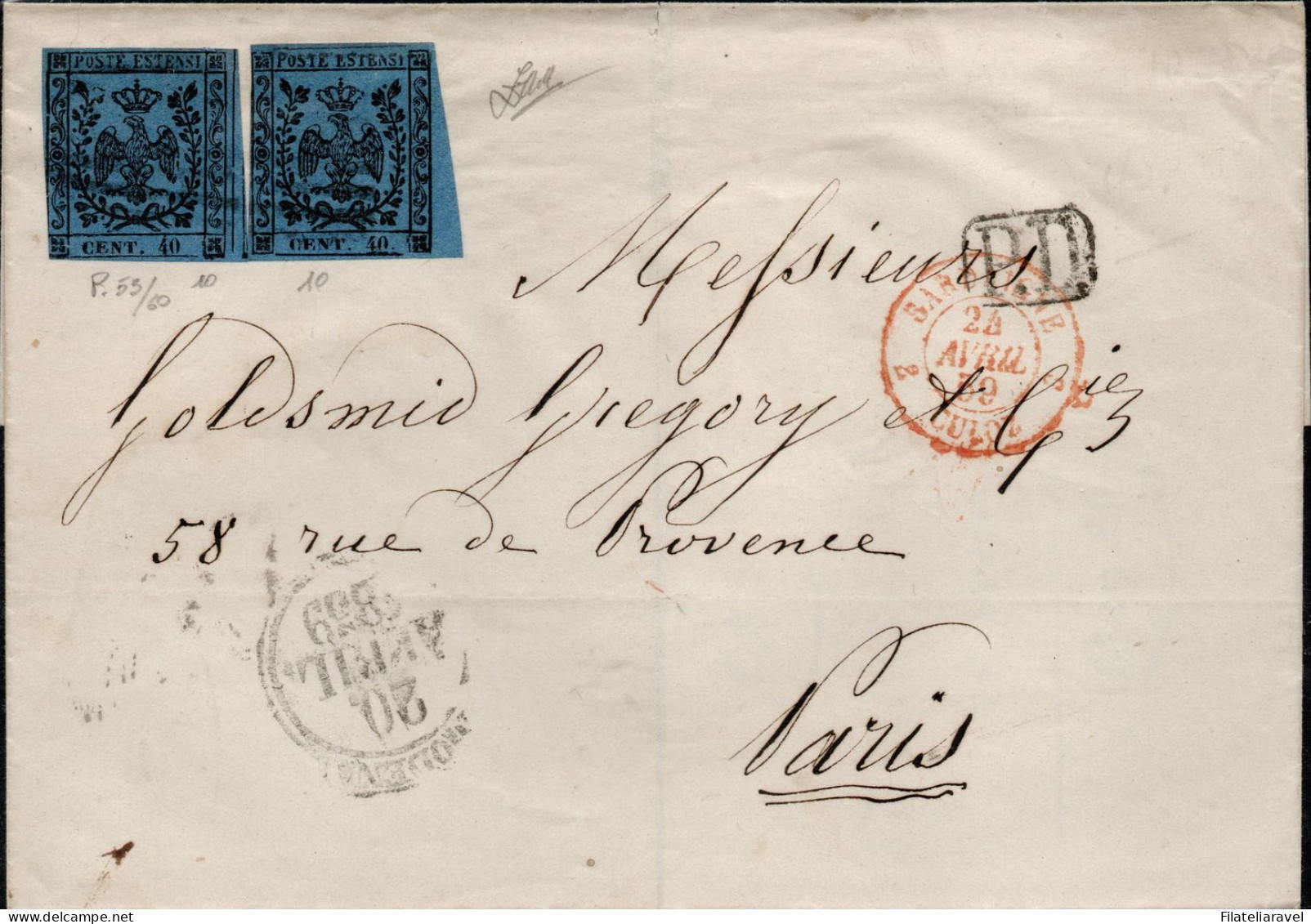 Ltr 1859 - Modena - Sovracoperta Da Modena A Parigi (10), Cert. A. Zappalà (2.200) - Modena