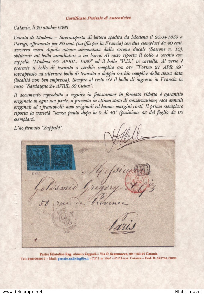 Ltr 1859 - Modena - Sovracoperta Da Modena A Parigi (10), Cert. A. Zappalà (2.200) - Modène