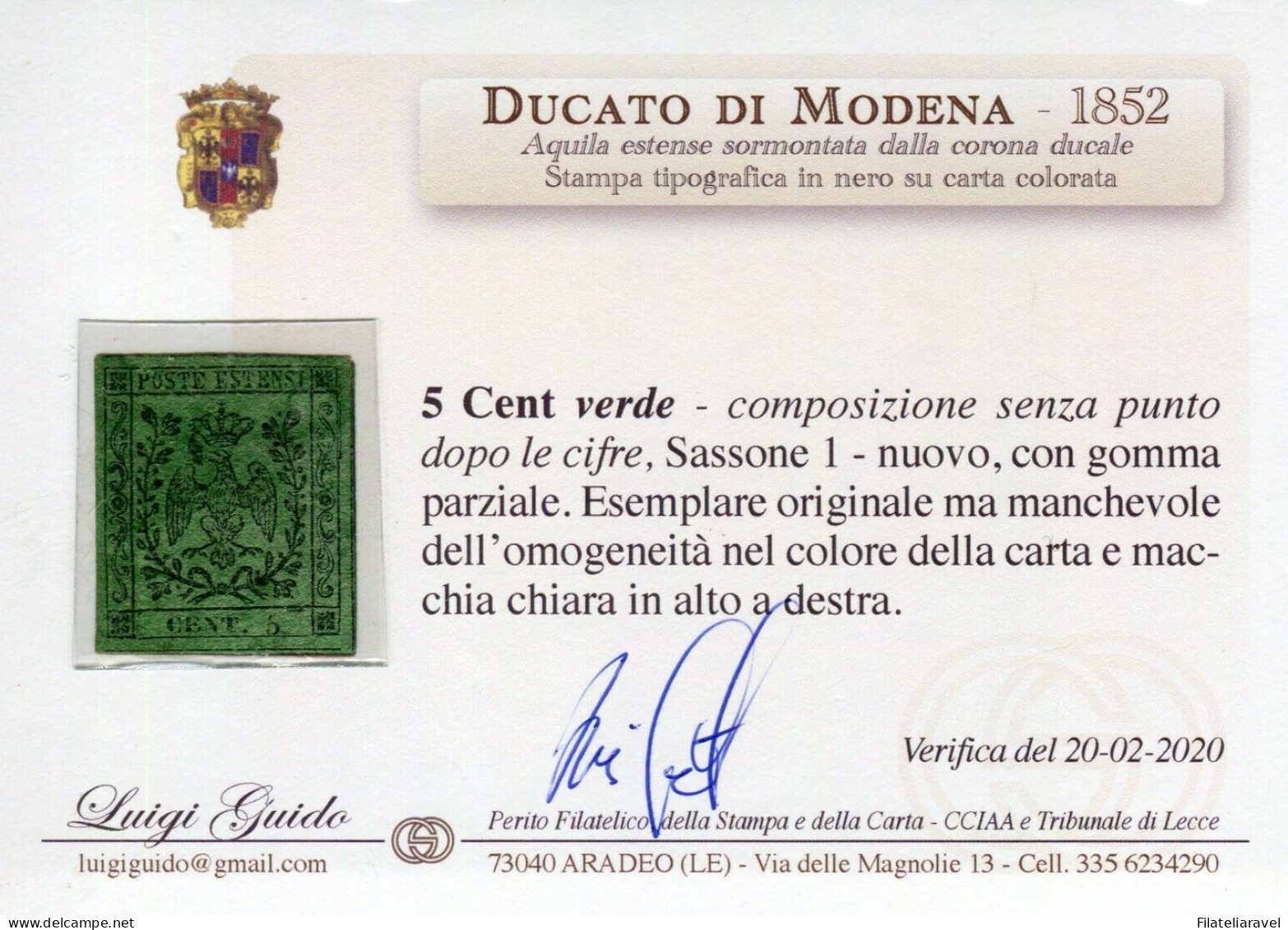 Sg 1852- Modena - 5 C. Verde Nuovo Gomma Parziale (1) Verifica L.Guido - Modène