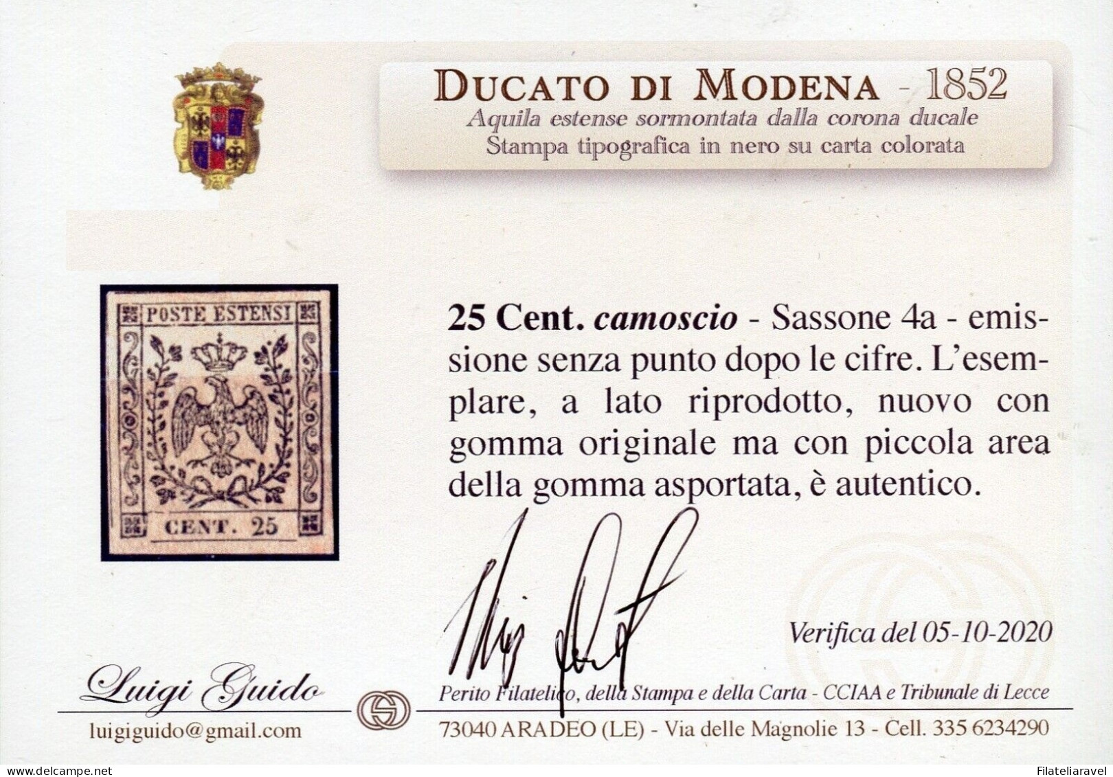 * 1852- Modena - 25 C. Camoscio Nuovo Gomma (4a) Verifica L.Guido - Modène