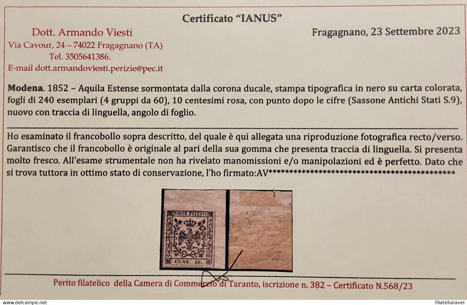 * 1852- Modena - 10 C. Rosa Nuovo Gomma ADF (9) Cert. Viesti - Modena