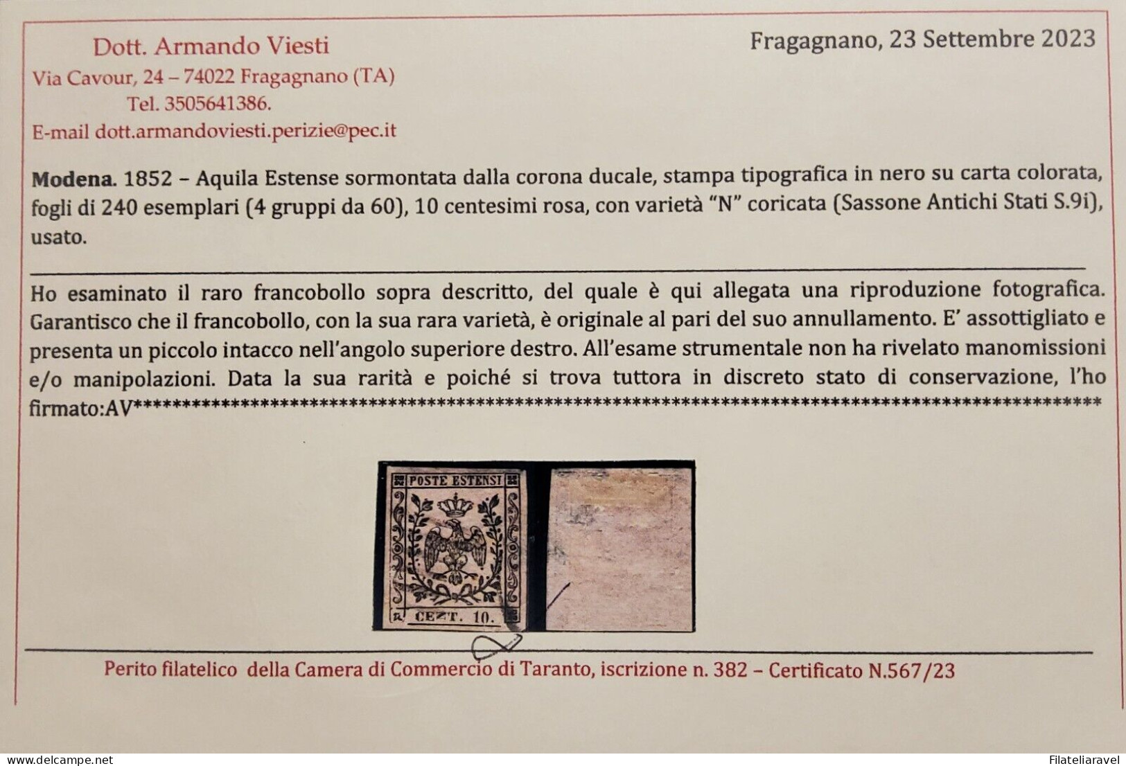 Us 1852- Modena - 10 C. Rosa Varietà CeZt Anziché Cent RARO (9i) Cert. Viesti - Modena