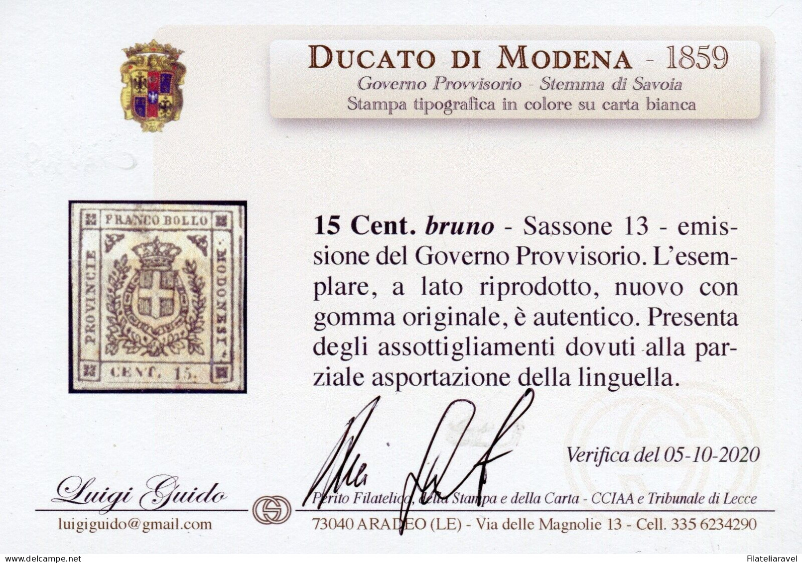 * 1859 - Modena Gov.Prov. - 15 C. Bruno (13) Verifica L. Guido - Modena