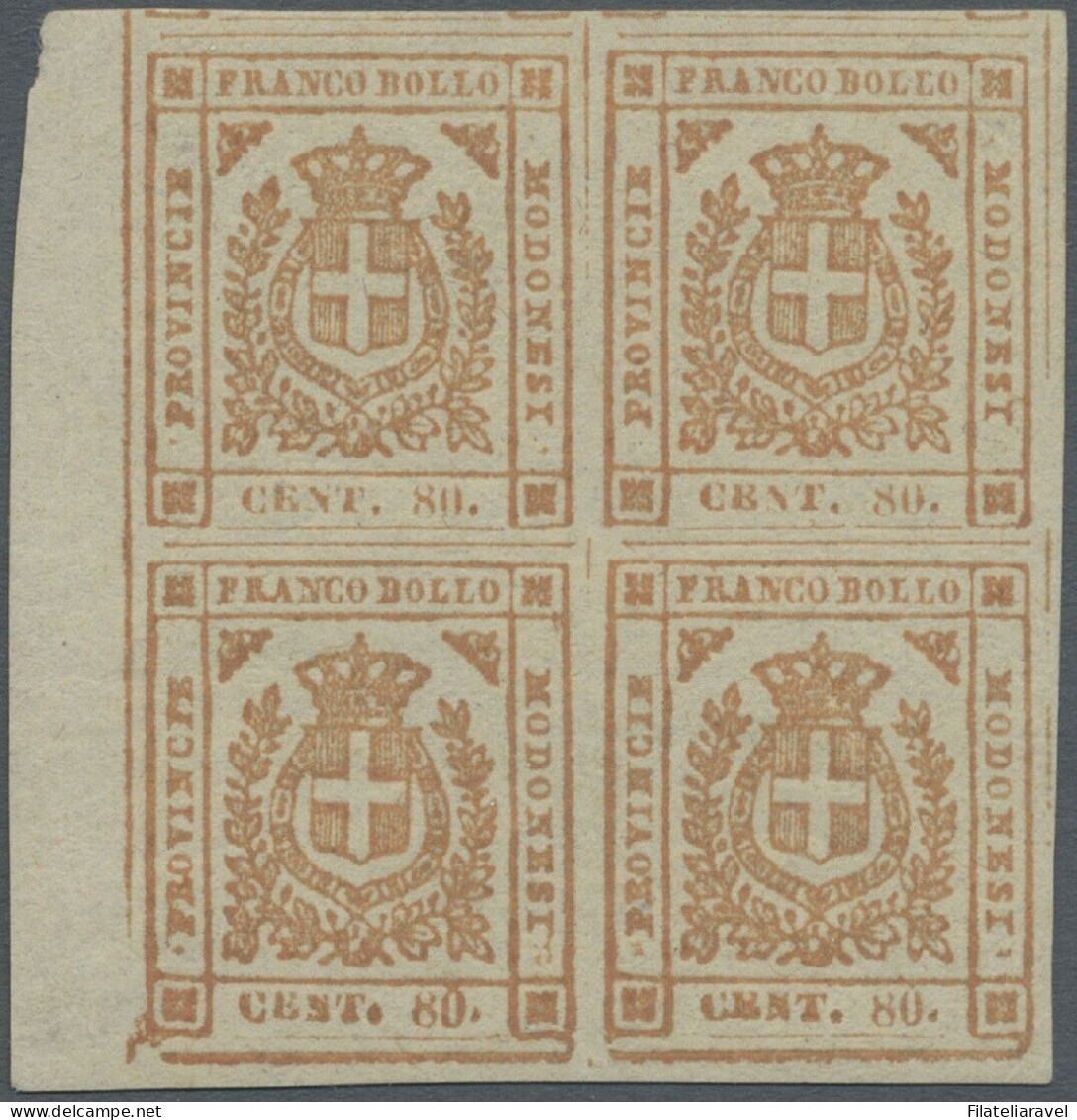 ** 1859 - Modena Gov.Prov. - 80 C. Arancio Bruno Blocco Di 4 Bordo Foglio (18a) Nuovo, Cert.Avi - Modène