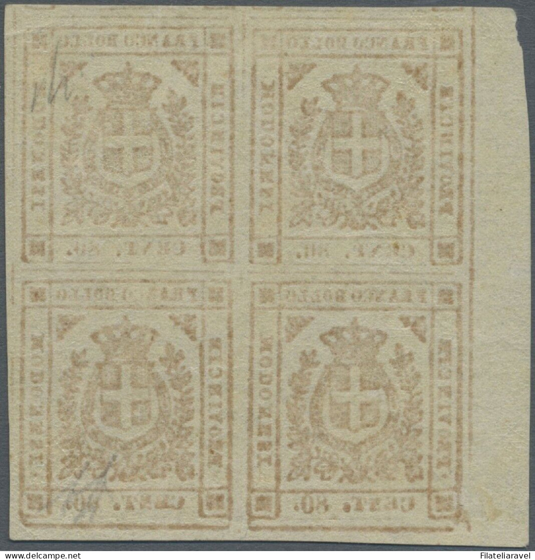 ** 1859 - Modena Gov.Prov. - 80 C. Arancio Bruno Blocco Di 4 Bordo Foglio (18a) Nuovo, Cert.Avi - Modena