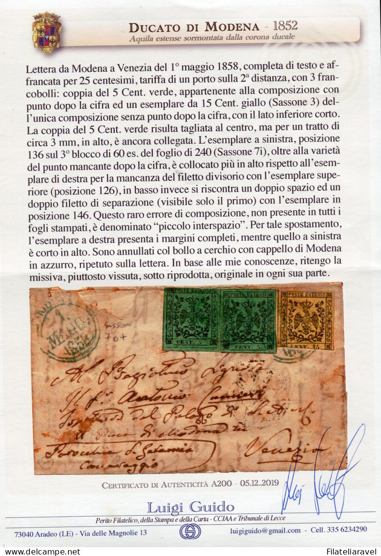 Ltr 1852 - Modena - Lettera Da Modena A Venezia 1 Mag. 1858  Cert. Bottacchi E L.Guido - Modena