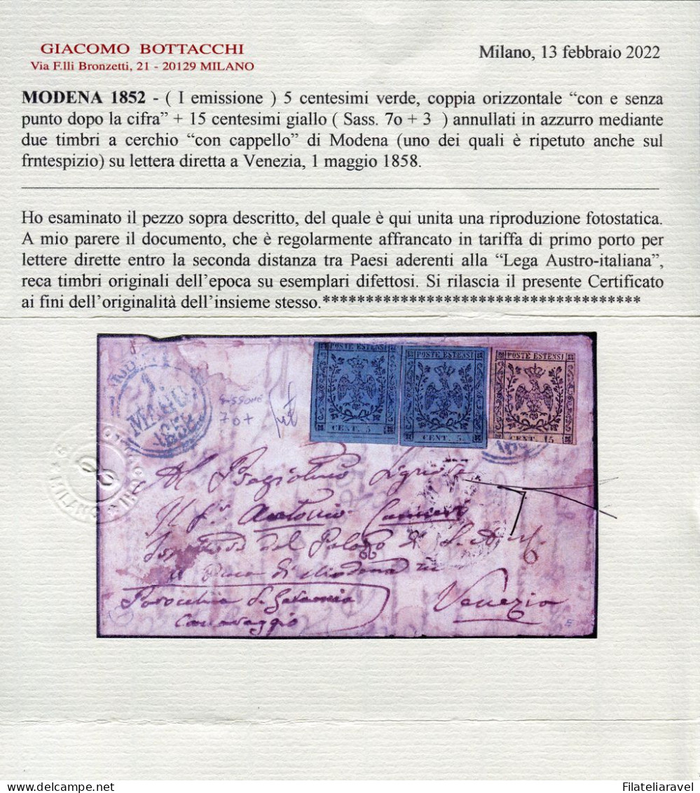 Ltr 1852 - Modena - Lettera Da Modena A Venezia 1 Mag. 1858  Cert. Bottacchi E L.Guido - Modène