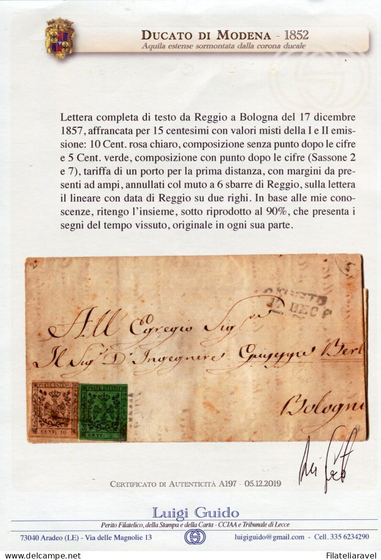 Ltr 1852 - Modena - Lettera Da Reggio A Bologna Con Valori Misti  I & II Emissione - Modena