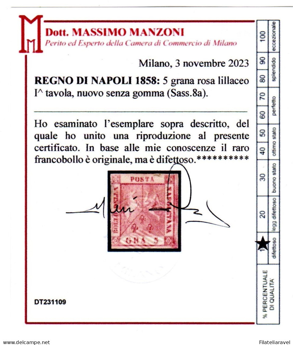 Sg Napoli 1858 5 Grana N 8a  Cert Manzoni Senza Gomma - Nápoles