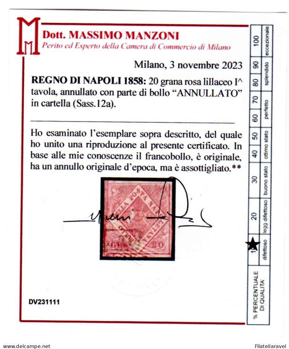 Us  Napoli 1858 20 Grana Rosa Lilaceo N 12a Leggero Assottiglamento Cert. Manzoni - Neapel