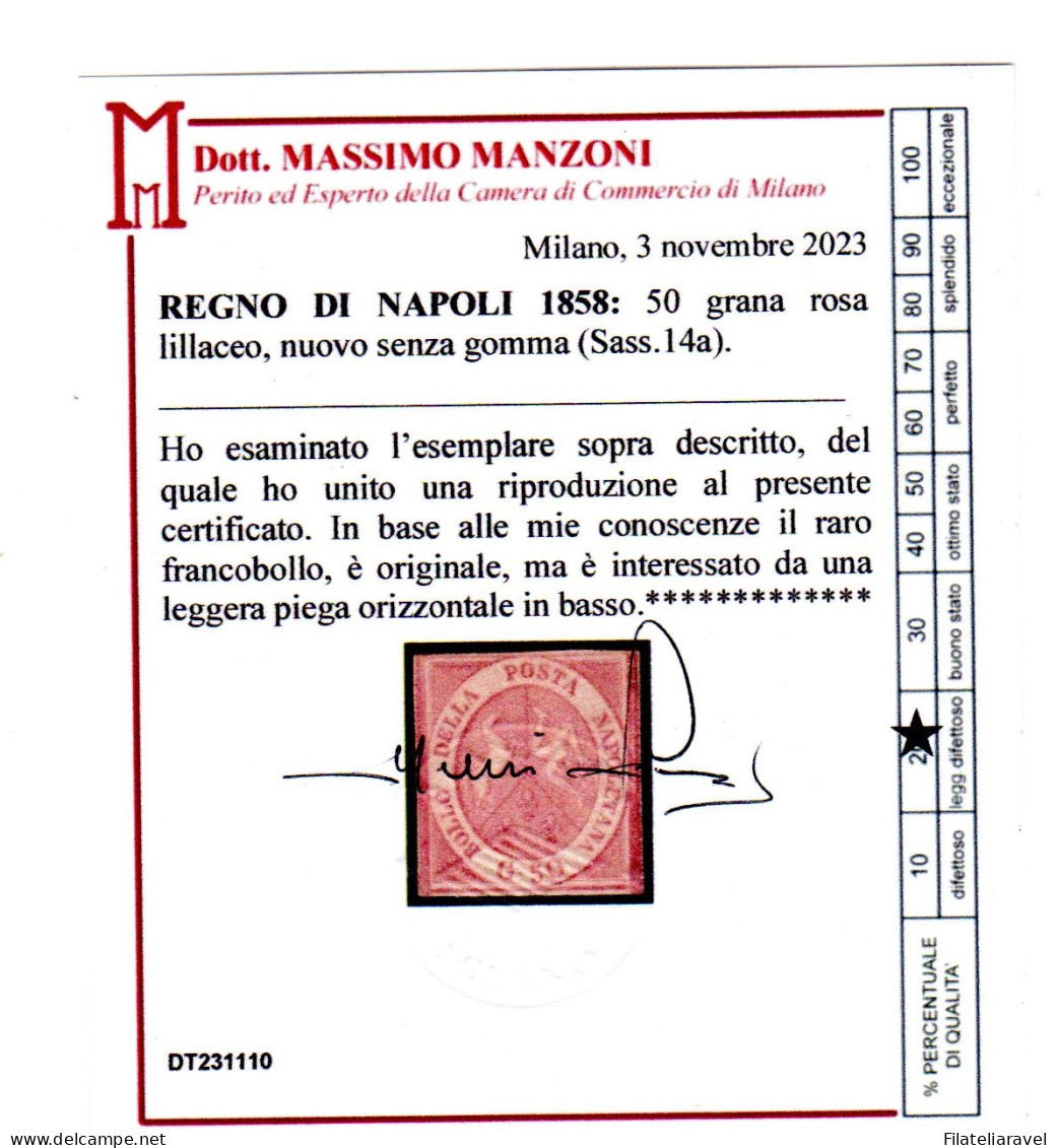 Sg Napoli 1858 50 Grana 14a Leggera Piega Cert Manzoni Sg - Nápoles