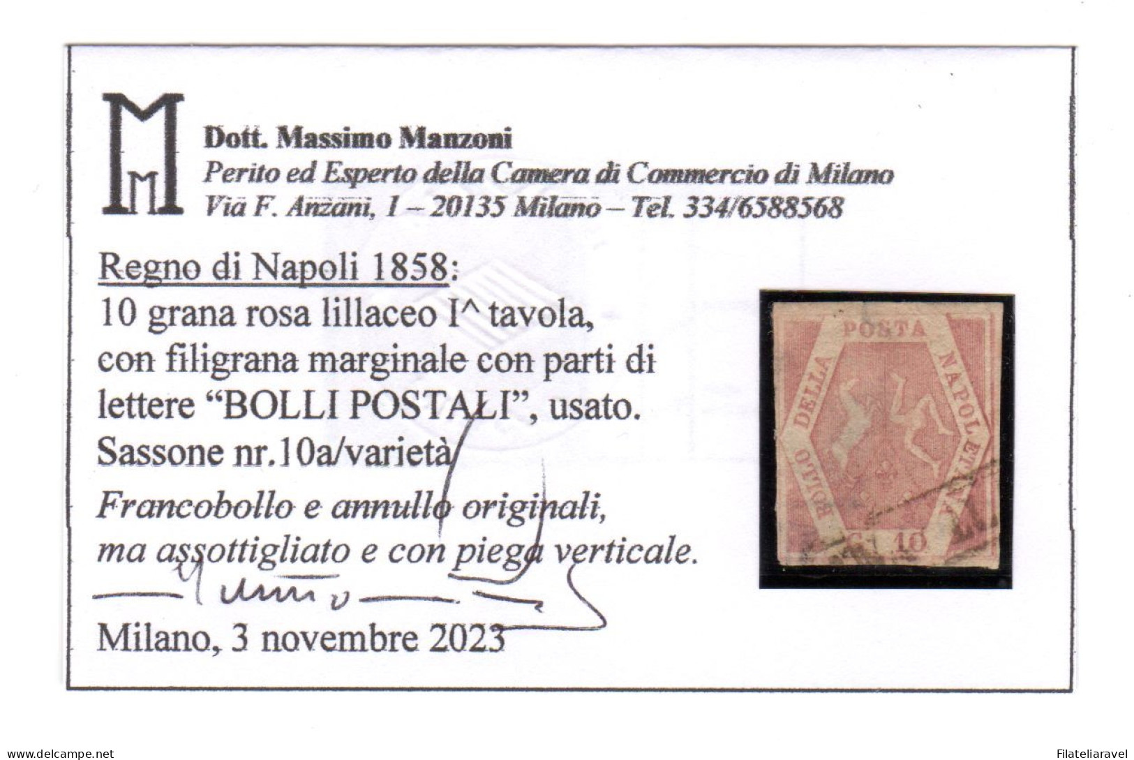 Us Napoli 1858 10 Grana Rosa Lilaceo I Tavola Filigrana Bolli Postali Piccola Piega Verticale - Napoli