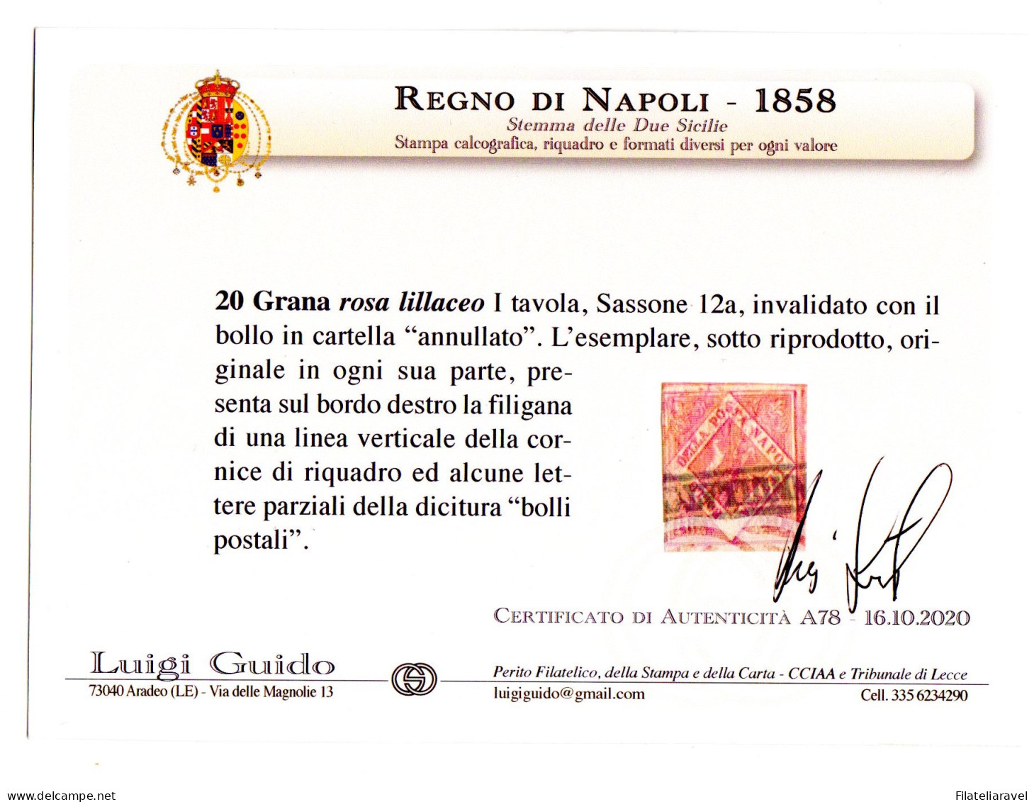 Us  Napoli 1858 20 Grana 12 A Filigrana Lettere E Bordo Di Foglio Cert Guido - Napoli