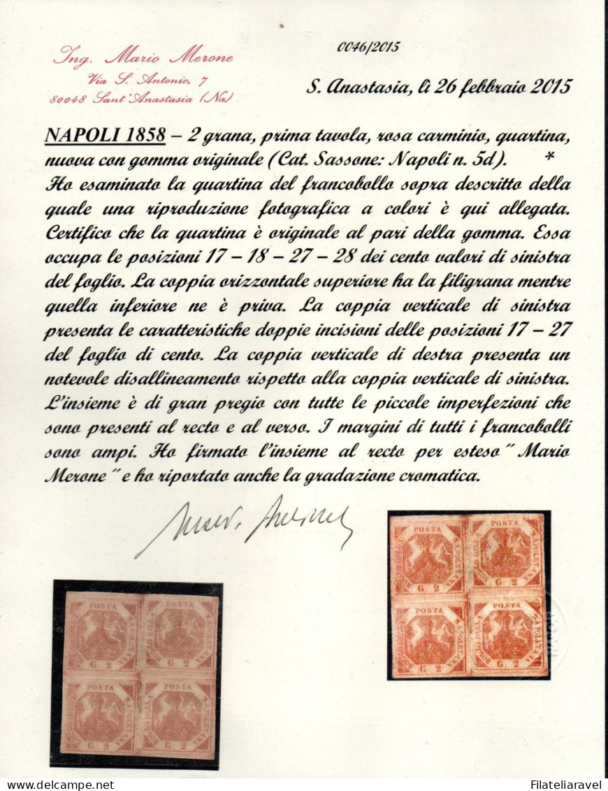 * 1858 - Napoli Quartina 2 Grana I Tavola (5d), Pos. 17-18-27-28 Doppio Disallineamento, Cert Merone (24.000) - Neapel