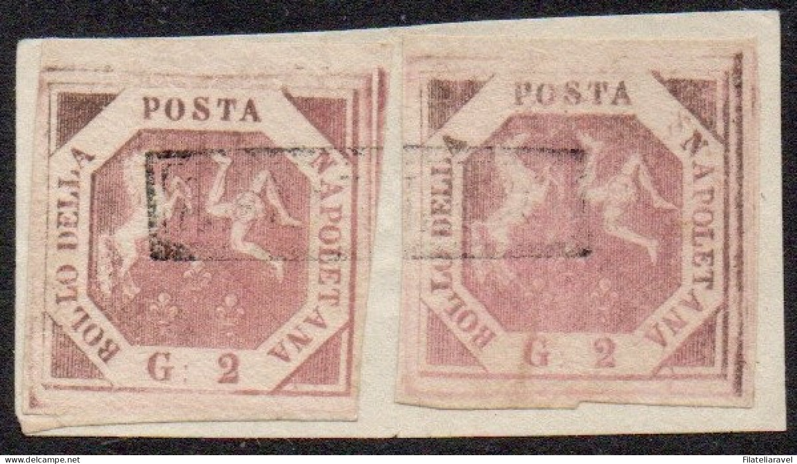 Fr 1858 - Napoli 2 Valori Su Frammento Da 2 Grana, I Tavola, Lilla Rosa Intenso (5b), Cert. Chiavarello (3.200) - Napels