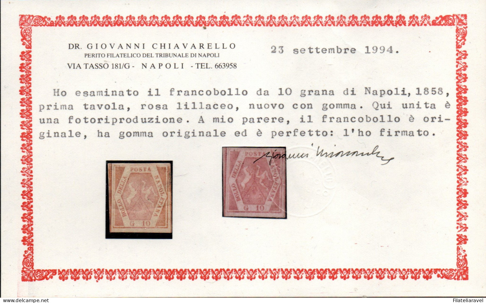 * 1858 - Napoli 10 Grana I Tavola , Rosa Lillaceo (10a) Nuovo Linguellato, Cert Chiavarello/Merone (28.000) - Nápoles