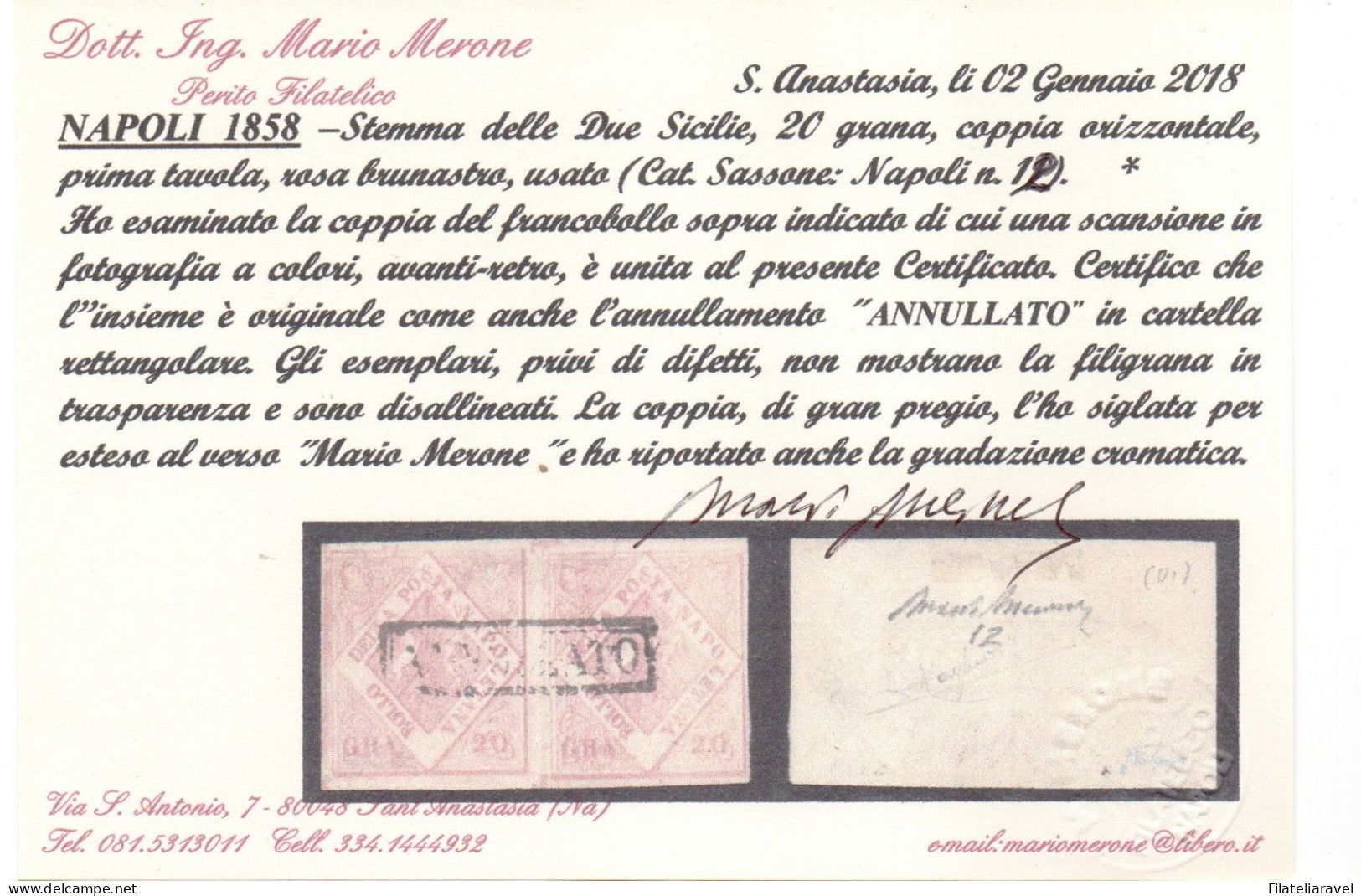 Us 1858 - Napoli  20 Grana, Coppia I Tav (12+12e), Senza Filigrana, Disallineata, Cert. Merone/Raybaudi (14.000) - Napoli