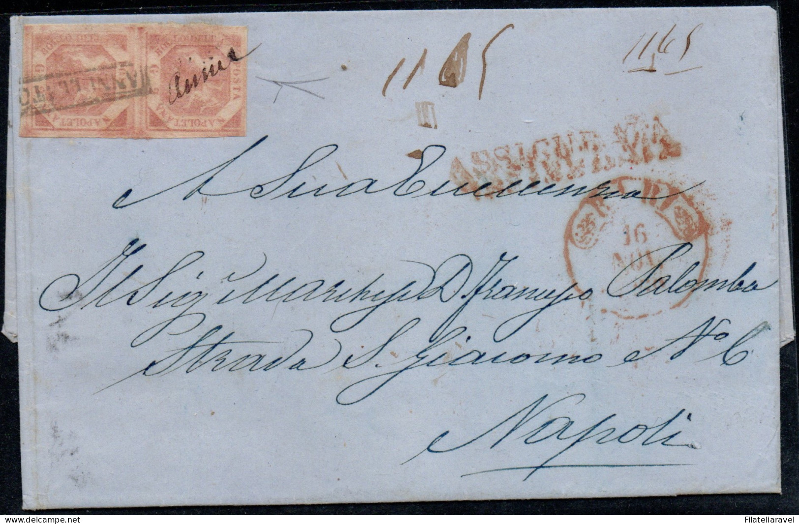 Ltr 1858 -  Napoli - Lettera Da Bari A Napoli, Coppia Da Due Grana (5) R3 Rosa Chiaro I Tavola RARISSIMA Cert Bottacchi - Napels