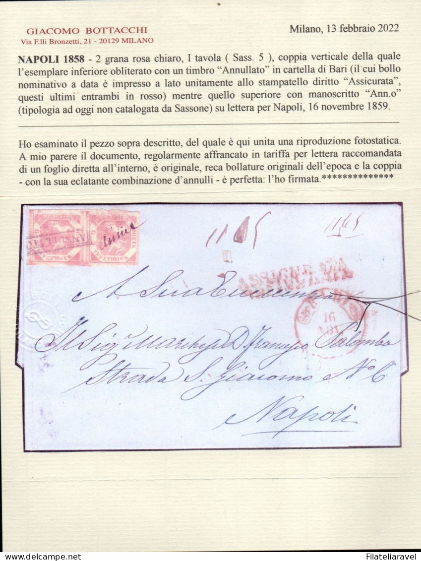 Ltr 1858 -  Napoli - Lettera Da Bari A Napoli, Coppia Da Due Grana (5) R3 Rosa Chiaro I Tavola RARISSIMA Cert Bottacchi - Naples