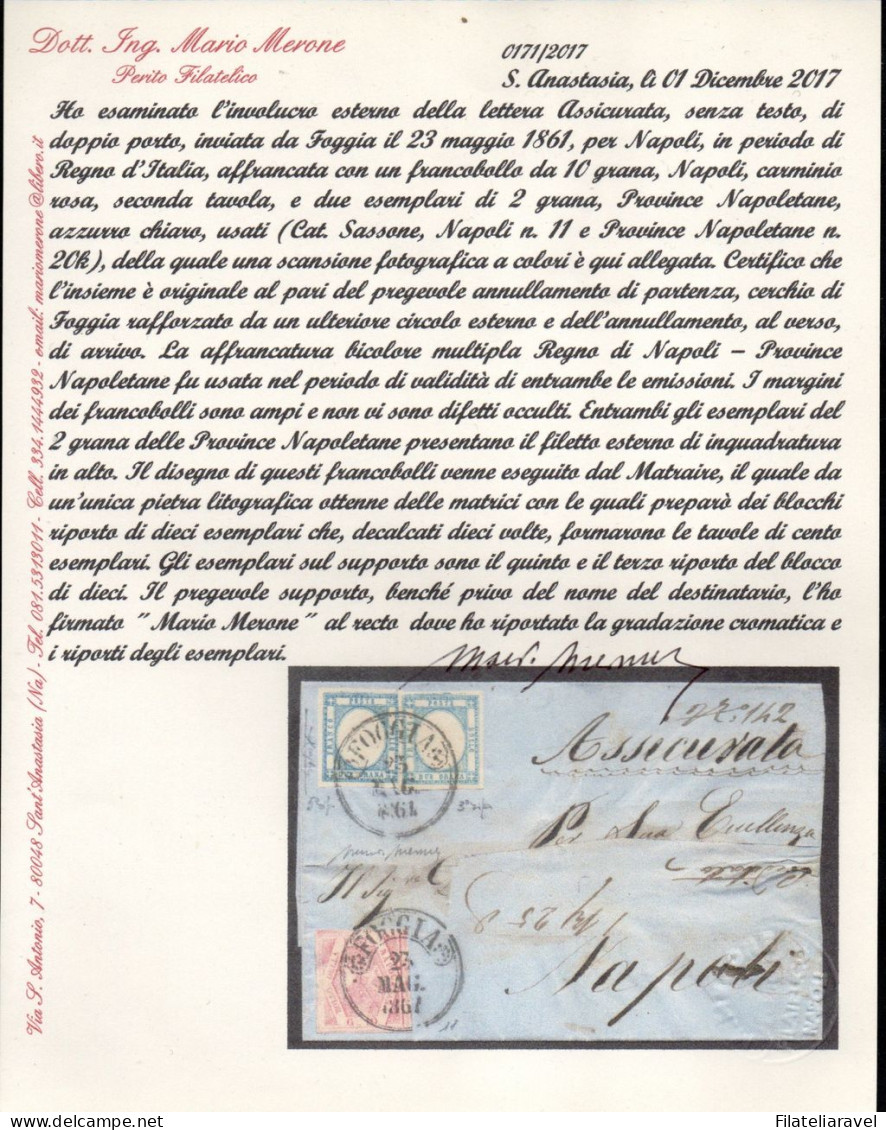 Ltr 1858/61 -  Napoli - Lettera Mista Napoli E Province 10 Grana(11)+ Due Val 2 Grana(20k) RARA, Cert Merone - Napoli