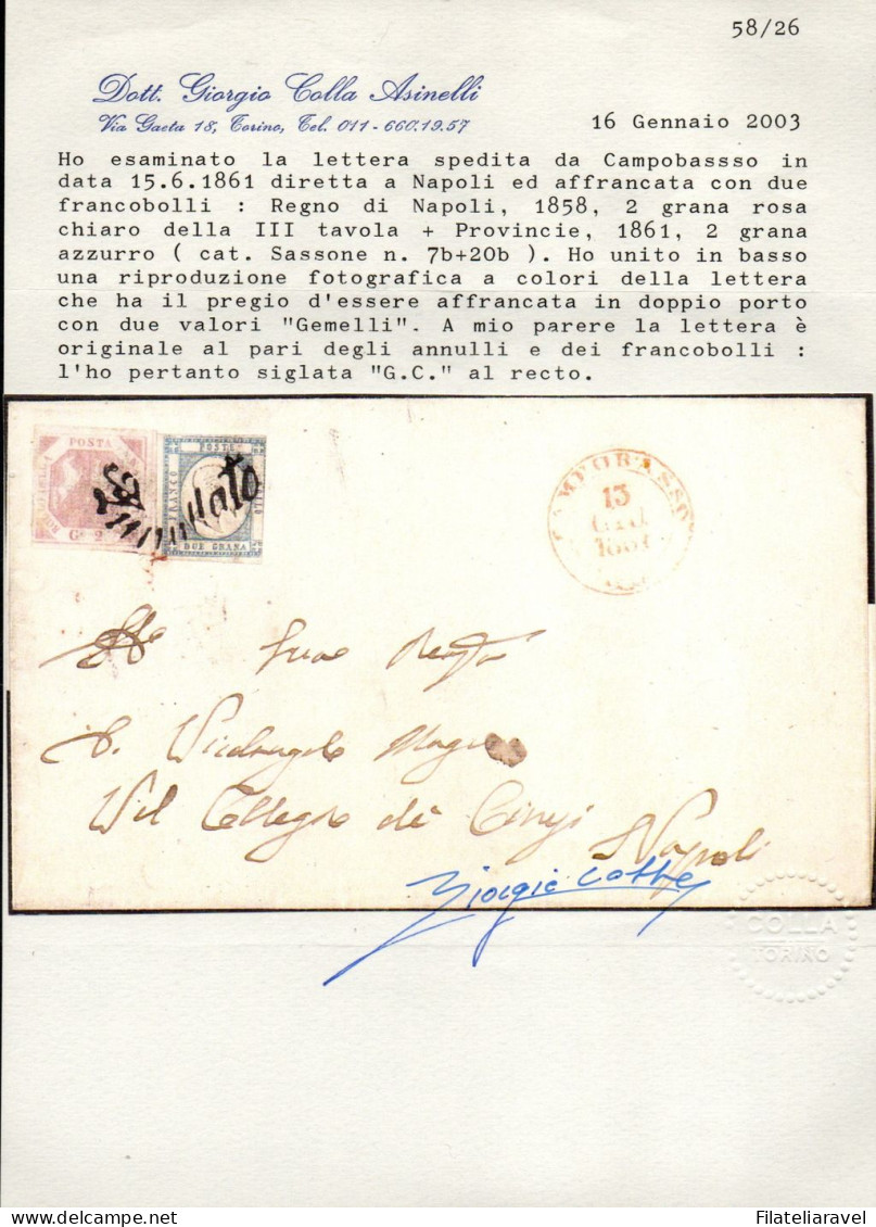 Ltr 1858/61 -  Napoli - Lettera Mista Napoli E Province (7b+20b) VALORI GEMELLI, Cert Fiecchi/Colla (50.000) - Nápoles