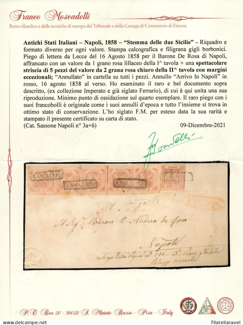 Ltr 1858 - Napoli - Piego Di Lettera, Striscia Di 5 Val Del 2 Gr II Tav (6+6i+3a), Cert Moscadelli/Borrelli (25.000) - Napels