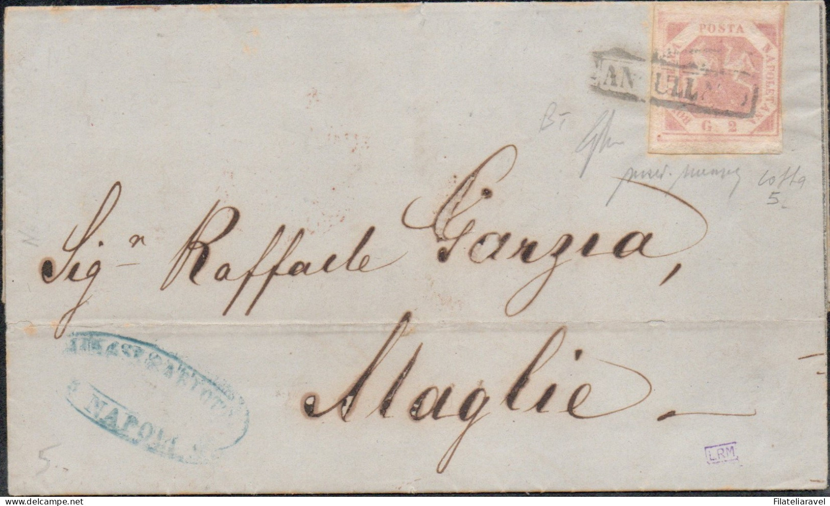 Ltr 1858 -  Napoli - Lettera Da Napoli A Maglie, 2 Grana (5a) Filigrana "BT" Completo E Capovolto RARA, Cert. Merone - Naples