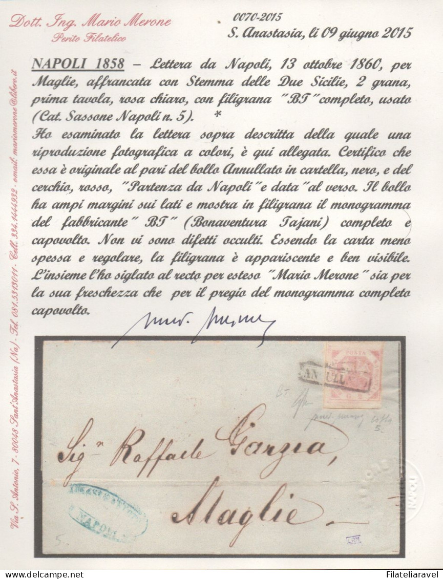 Ltr 1858 -  Napoli - Lettera Da Napoli A Maglie, 2 Grana (5a) Filigrana "BT" Completo E Capovolto RARA, Cert. Merone - Napels