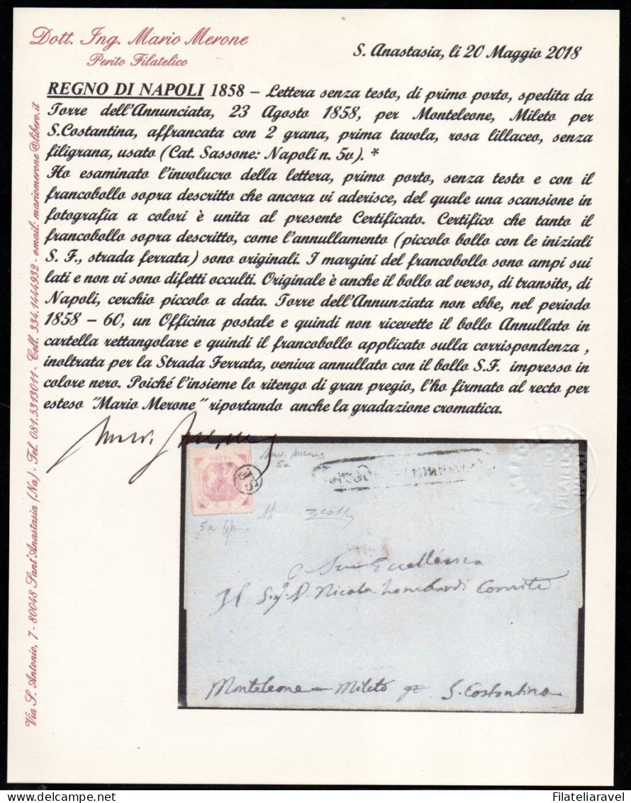 Ltr 1858 -  Napoli - Lettera T. Dell'Annunziata A S. Costantino, 2 Grana (5a) Strade Ferrate, Cert Merone/Colla (15.000) - Naples