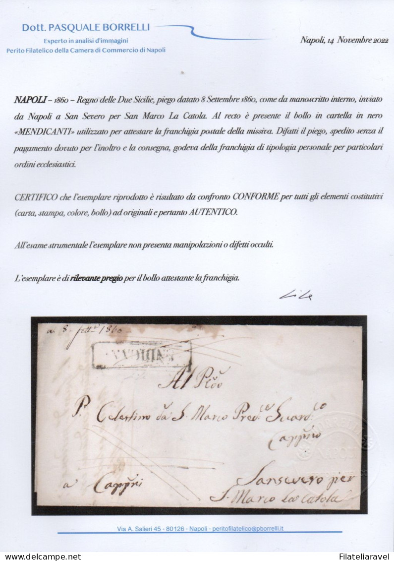 Ltr 1860 -  Napoli - Piego Da Napoli A Sansevero, Franchigia Con Bollo MENDICANTI, Cert. Borrelli (900) - Napoli