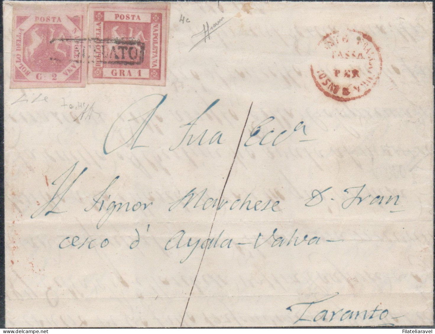 Ltr 1860 - Napoli - Piego Da Napoli A Taranto, 2 Gr (7a) + 1 Gr (4c), Tassa Per Insofficiente Francatura, Cert. Borrelli - Nápoles