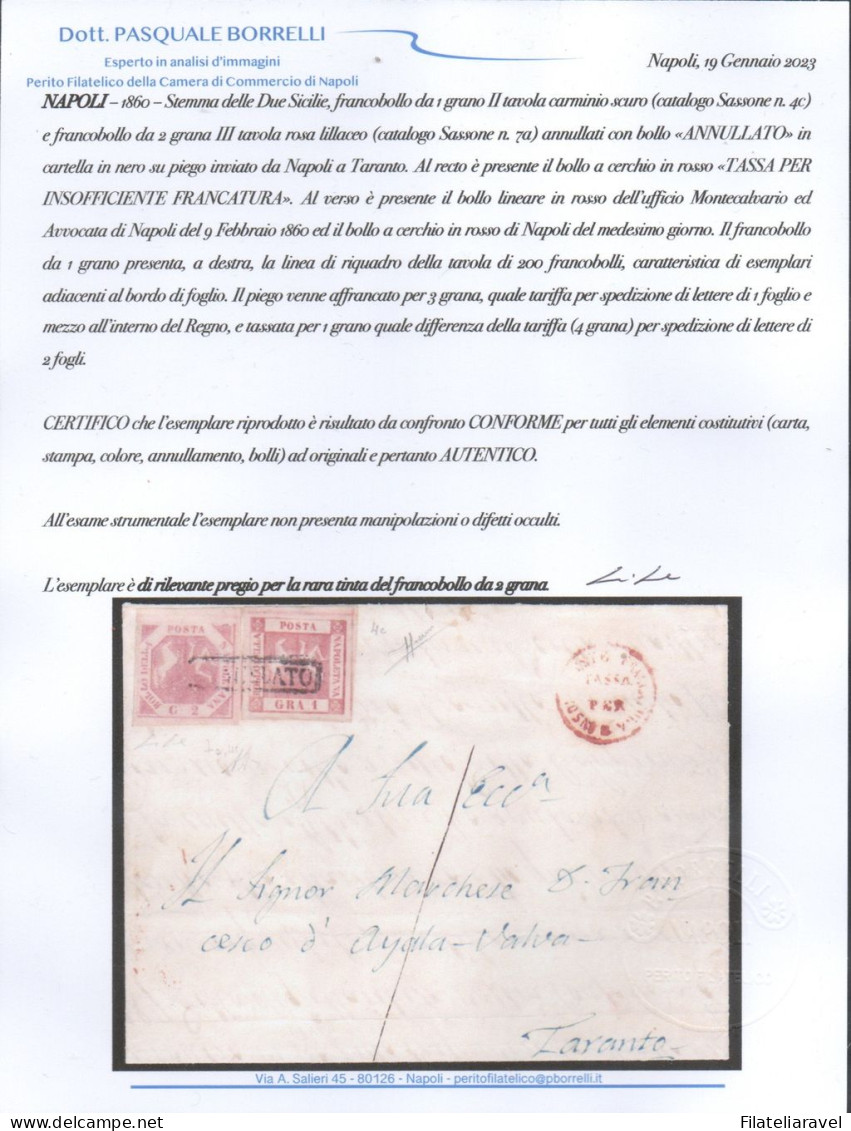 Ltr 1860 - Napoli - Piego Da Napoli A Taranto, 2 Gr (7a) + 1 Gr (4c), Tassa Per Insofficiente Francatura, Cert. Borrelli - Nápoles