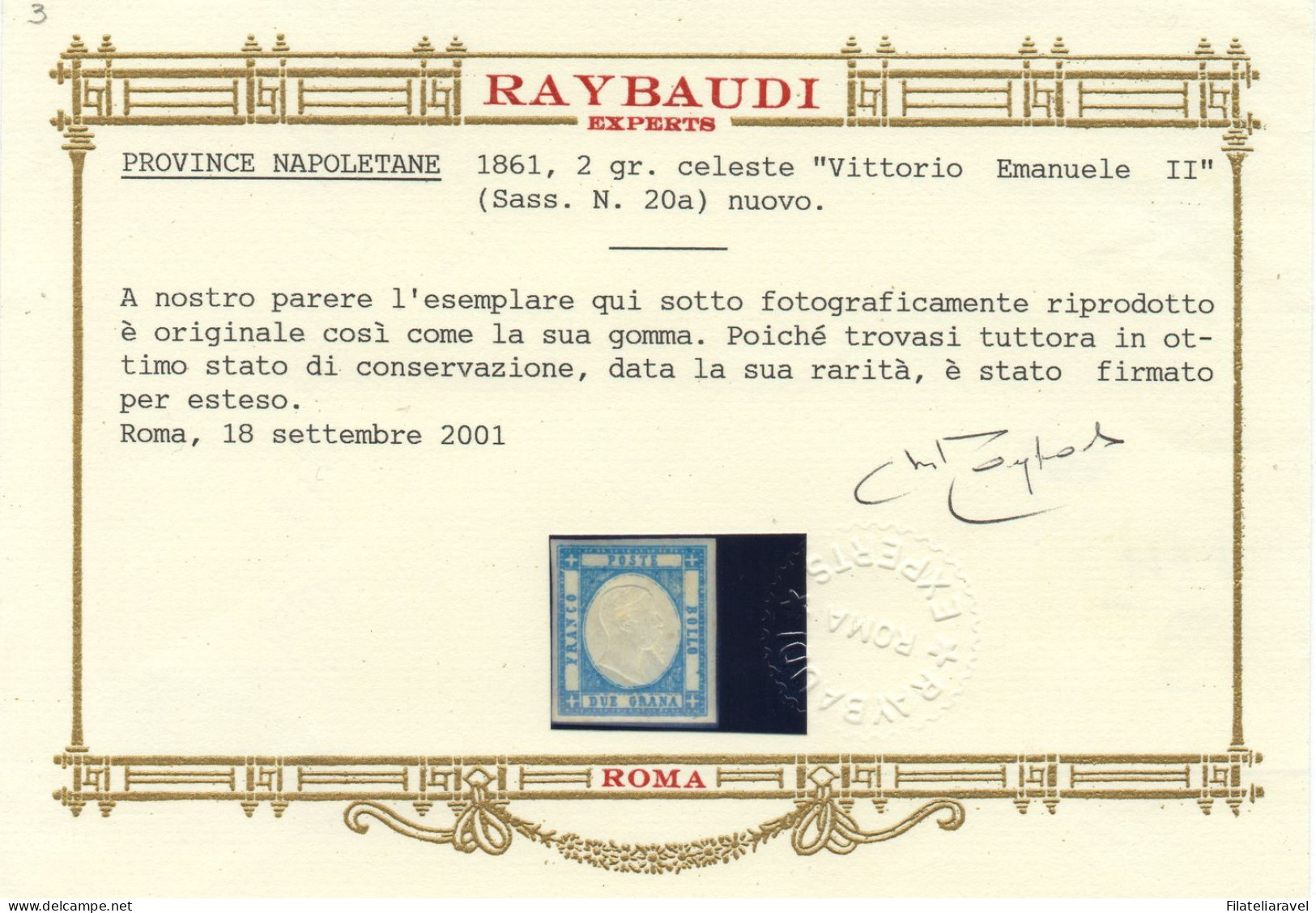 * 1861 -  Napoli - Province Napoletane Effigie Vittorio Em. II  2 Grana Celeste (20a), Nuovo, Cert. Raybaudi (5.000) - Napoli