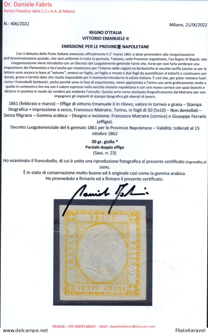 * 1861 - Napoli - Province Napoletane Effigie V. E. II 20 Grana Giallo (23),parziale Doppia Effige Cert. Fabris (1.400) - Neapel