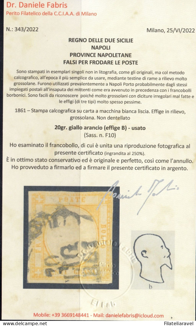 Us 1861 -  Napoli - Province Napoletane  Effigie V. E. II 20 Gr Giallo Arancio (F10),falso D'epoca, Cert. Oliva/Fabris - Naples