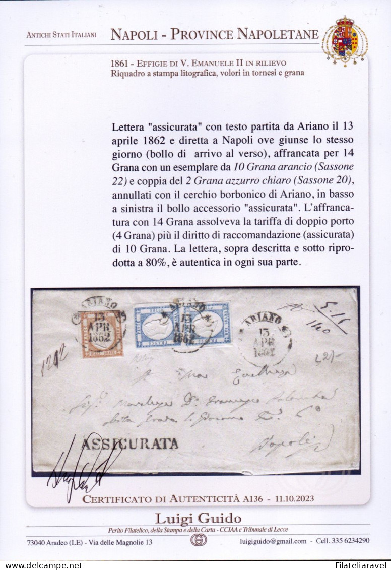 Ltr 1861 -  Napoli - Province Napoletane Assicurata Da Ariano A Napoli 10 Ngr (22)+coppia 2 Gr (20),Cert Guido (2.450) - Napels